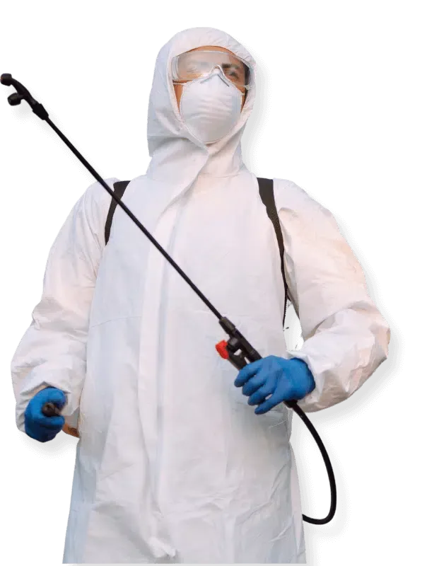 disinfestatore professionista con tuta bianca protettiva e attrezzatura professionale