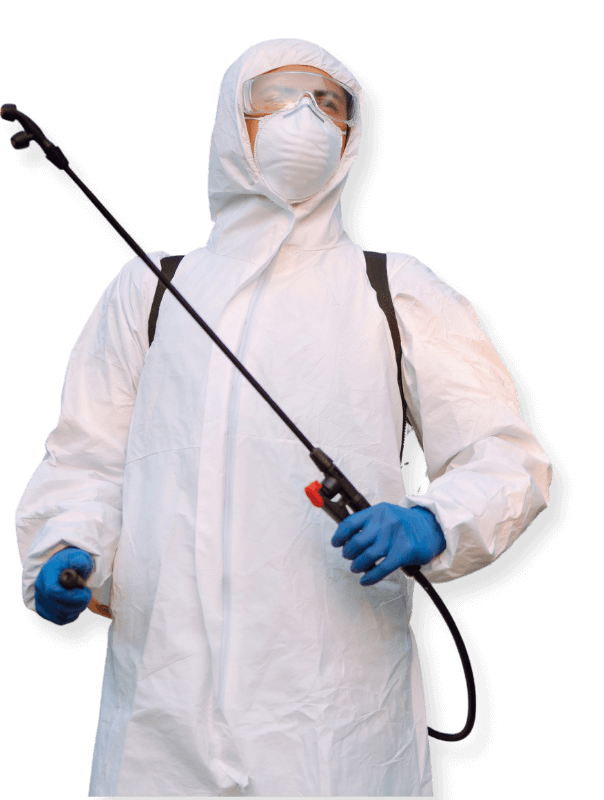 disinfestatore professionista con tuta bianca protettiva e attrezzatura professionale